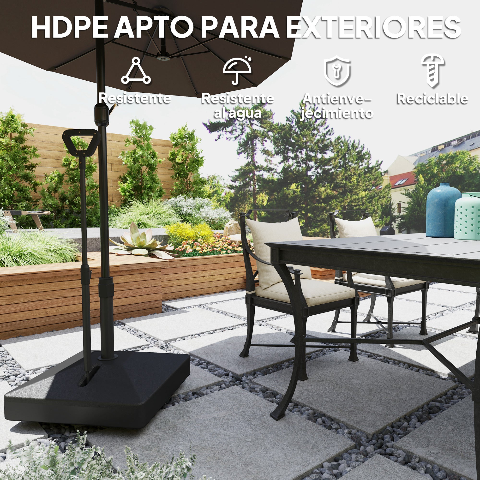Square Umbrella Base with Wheels Parasol Stand with Adjustable Handle Fillable with 45L Water or 55kg Sand for Garden Terrace Black