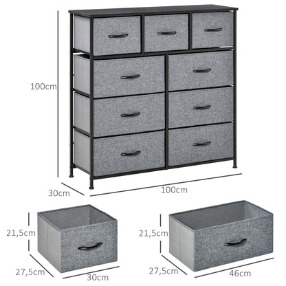 9-Drawer Chest Storage Organizer Fabric Folding Drawer - Black Steel Frame - 100 x 30 x 100 cm, Bedroom, Entryway, Living Room, Black and Gray