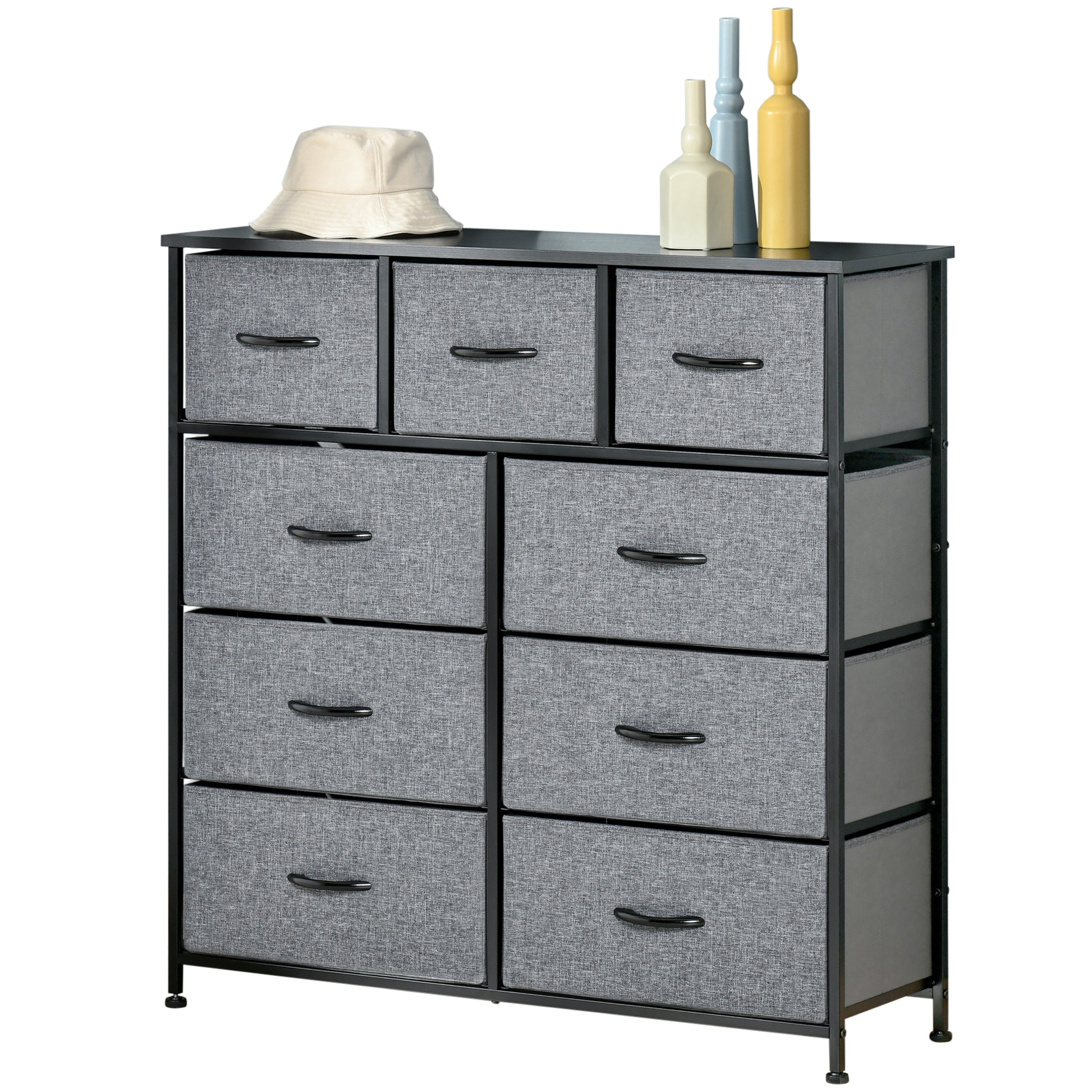 9-Drawer Chest Storage Organizer Fabric Folding Drawer - Black Steel Frame - 100 x 30 x 100 cm, Bedroom, Entryway, Living Room, Black and Gray