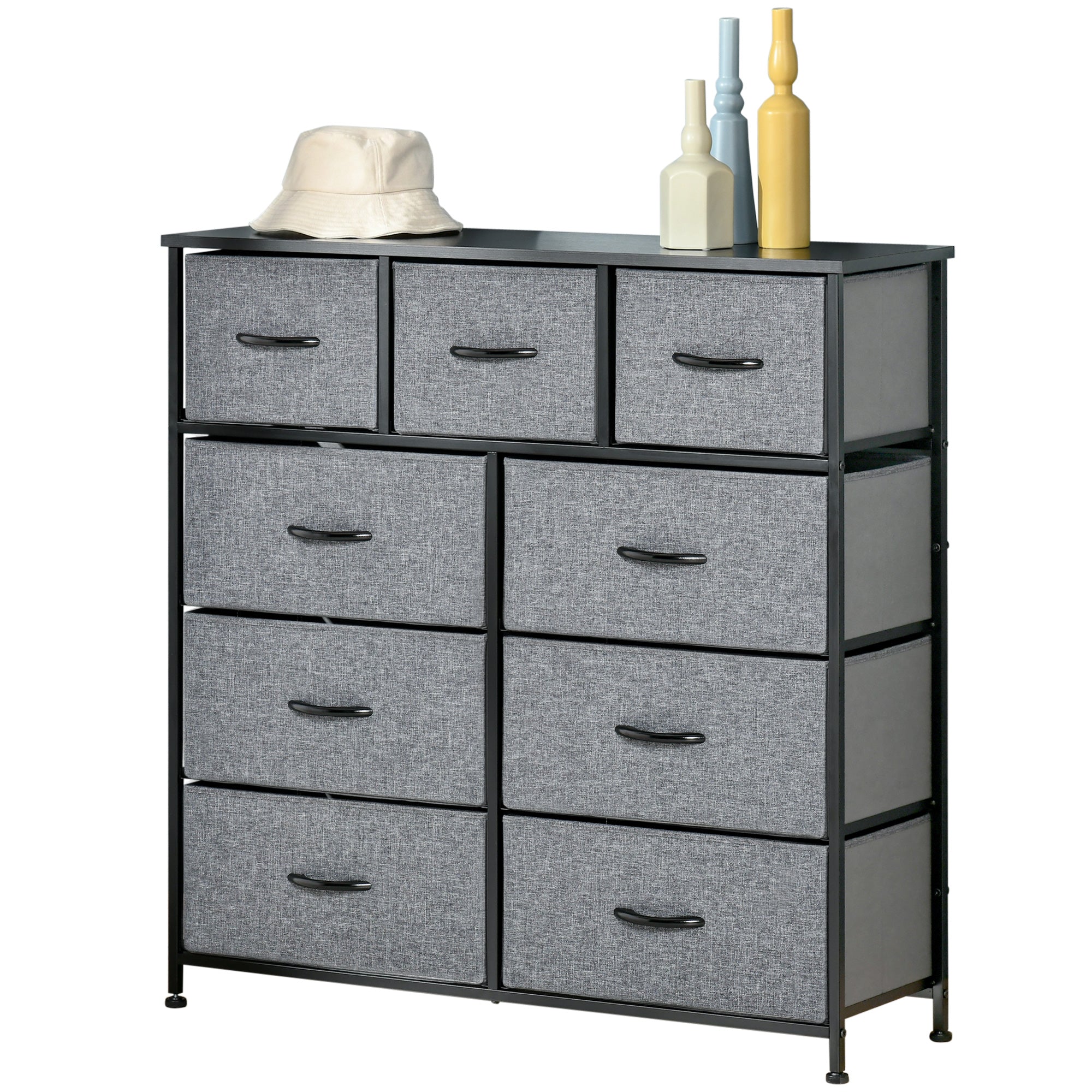 9-Drawer Chest Storage Organizer Fabric Folding Drawer - Black Steel Frame - 100 x 30 x 100 cm, Bedroom, Entryway, Living Room, Black and Gray