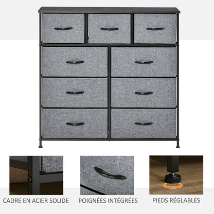9-Drawer Chest Storage Organizer Fabric Folding Drawer - Black Steel Frame - 100 x 30 x 100 cm, Bedroom, Entryway, Living Room, Black and Gray