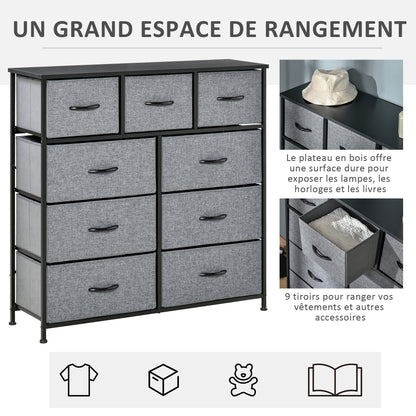 9-Drawer Chest Storage Organizer Fabric Folding Drawer - Black Steel Frame - 100 x 30 x 100 cm, Bedroom, Entryway, Living Room, Black and Gray