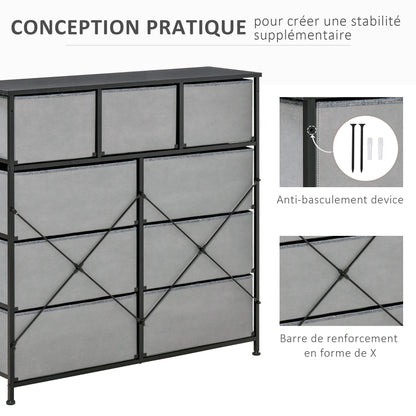 9-Drawer Chest Storage Organizer Fabric Folding Drawer - Black Steel Frame - 100 x 30 x 100 cm, Bedroom, Entryway, Living Room, Black and Gray