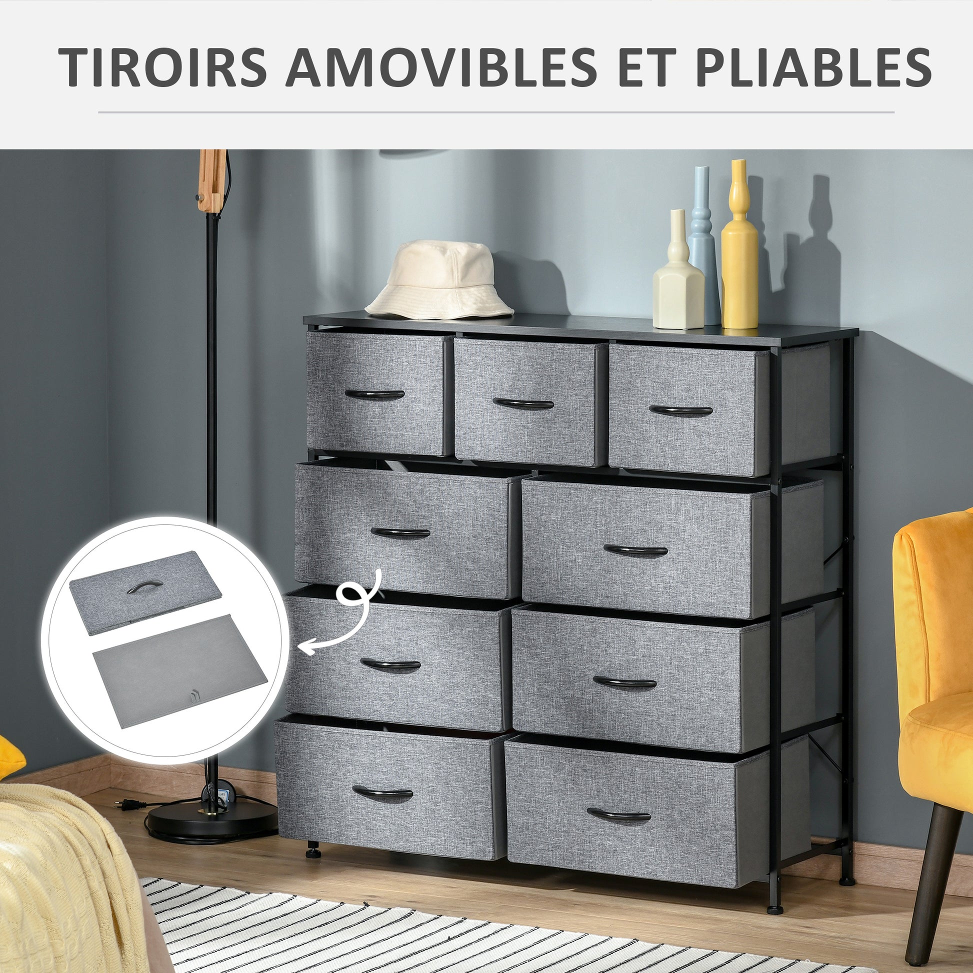 9-Drawer Chest Storage Organizer Fabric Folding Drawer - Black Steel Frame - 100 x 30 x 100 cm, Bedroom, Entryway, Living Room, Black and Gray