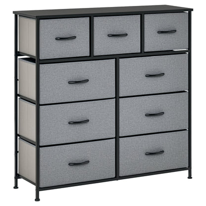 9-Drawer Chest Storage Organizer Fabric Folding Drawer - Black Steel Frame - 100 x 30 x 100 cm, Bedroom, Entryway, Living Room, Black and Gray