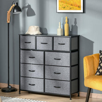 9-Drawer Chest Storage Organizer Fabric Folding Drawer - Black Steel Frame - 100 x 30 x 100 cm, Bedroom, Entryway, Living Room, Black and Gray