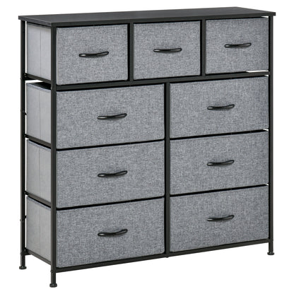 9-Drawer Chest Storage Organizer Fabric Folding Drawer - Black Steel Frame - 100 x 30 x 100 cm, Bedroom, Entryway, Living Room, Black and Gray