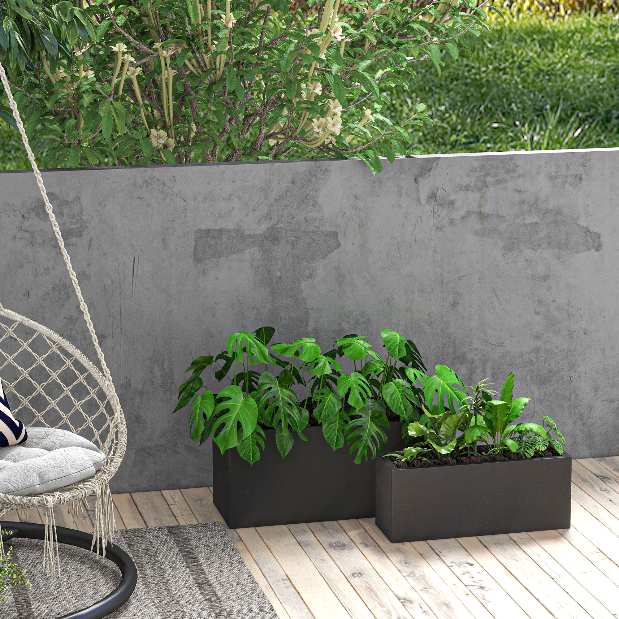 Set of 2 Rectangular Garden Pots, Stackable Plant and Flower Pots for Outdoor and Indoor, Black
