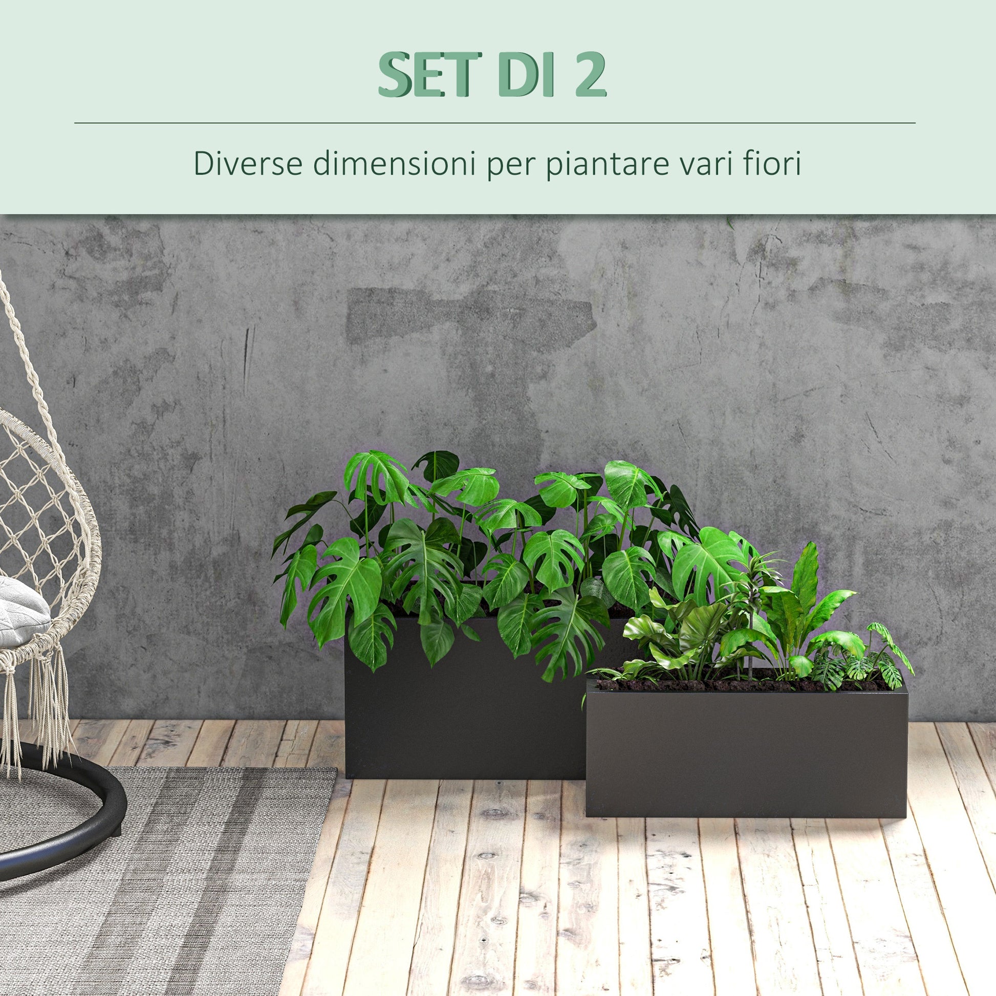Set of 2 Rectangular Garden Pots, Stackable Plant and Flower Pots for Outdoor and Indoor, Black