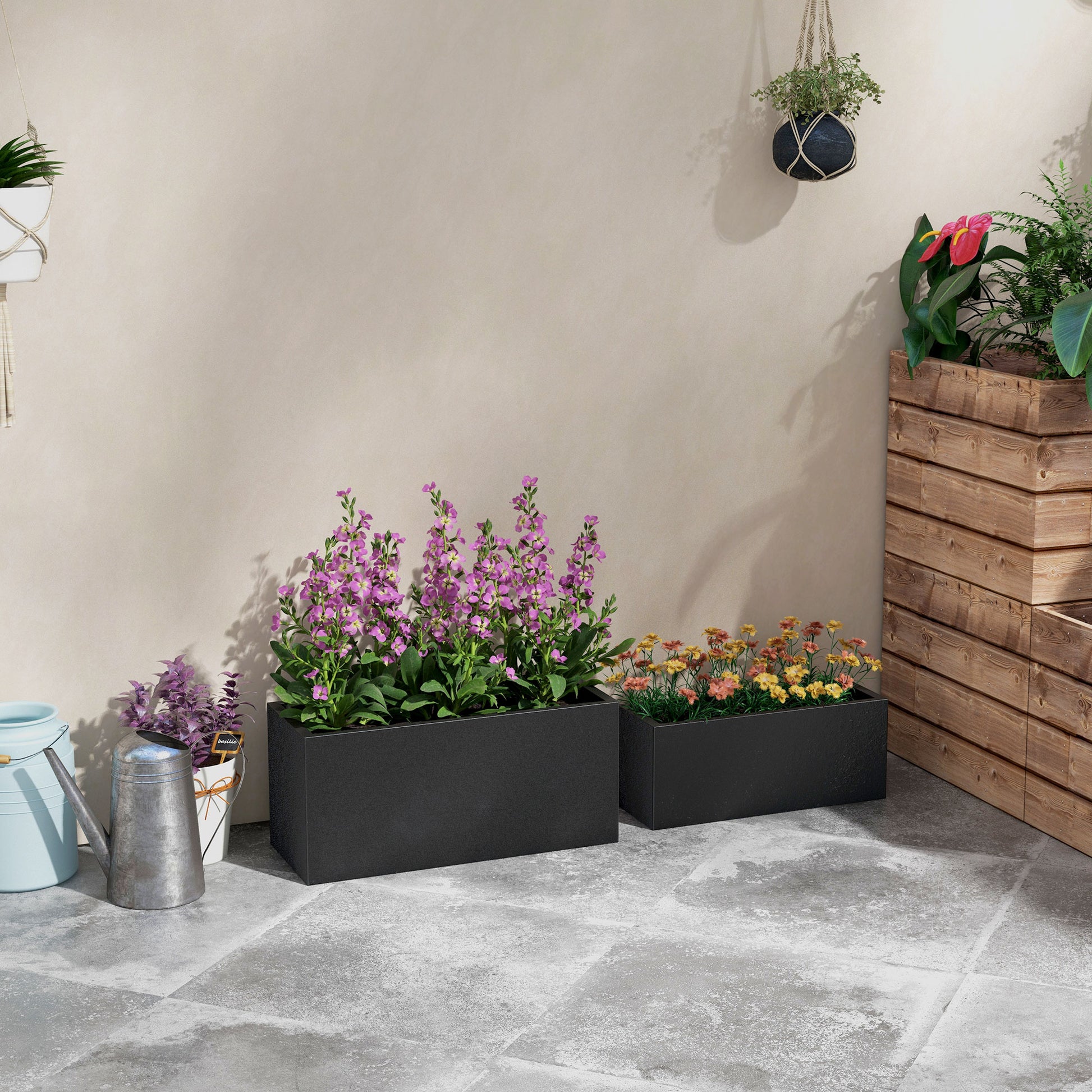 Set of 2 Rectangular Garden Pots, Stackable Plant and Flower Pots for Outdoor and Indoor, Black