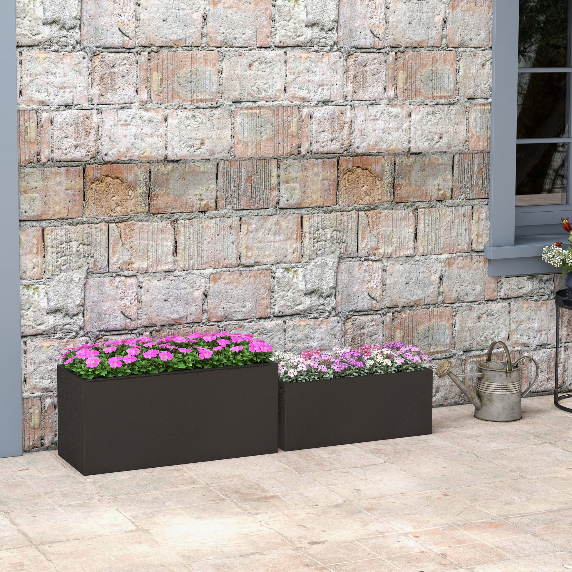 Set of 2 Rectangular Garden Pots, Stackable Plant and Flower Pots for Outdoor and Indoor, Black