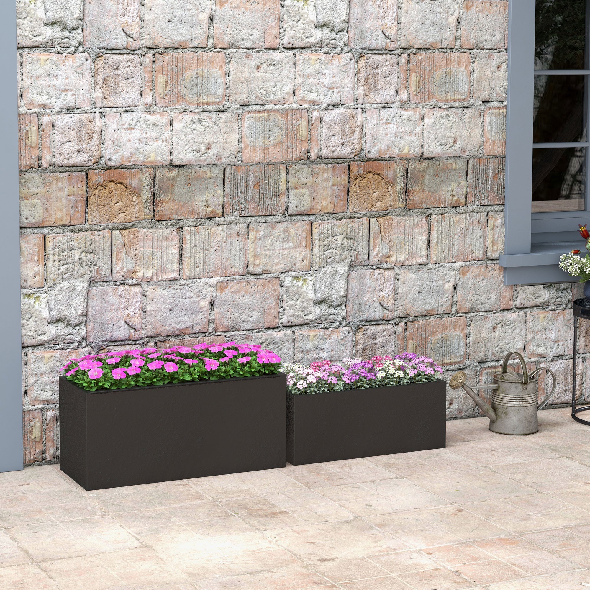 Set of 2 Rectangular Garden Pots, Stackable Plant and Flower Pots for Outdoor and Indoor, Black