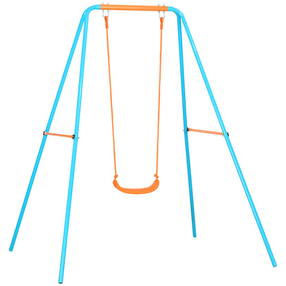 Children's Swing 3-8 Years Garden Swing in Steel and PE with Seat and Stakes, 163x145x181 cm, Blue and Orange