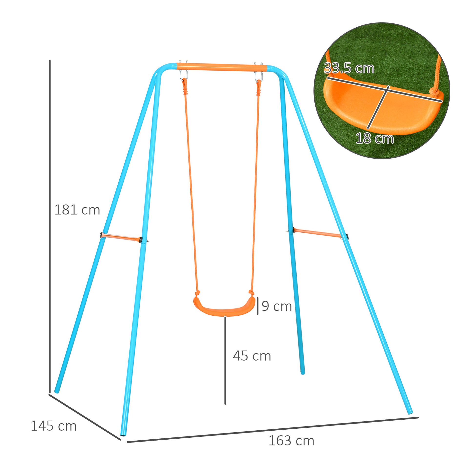 Children's Swing 3-8 Years Garden Swing in Steel and PE with Seat and Stakes, 163x145x181 cm, Blue and Orange