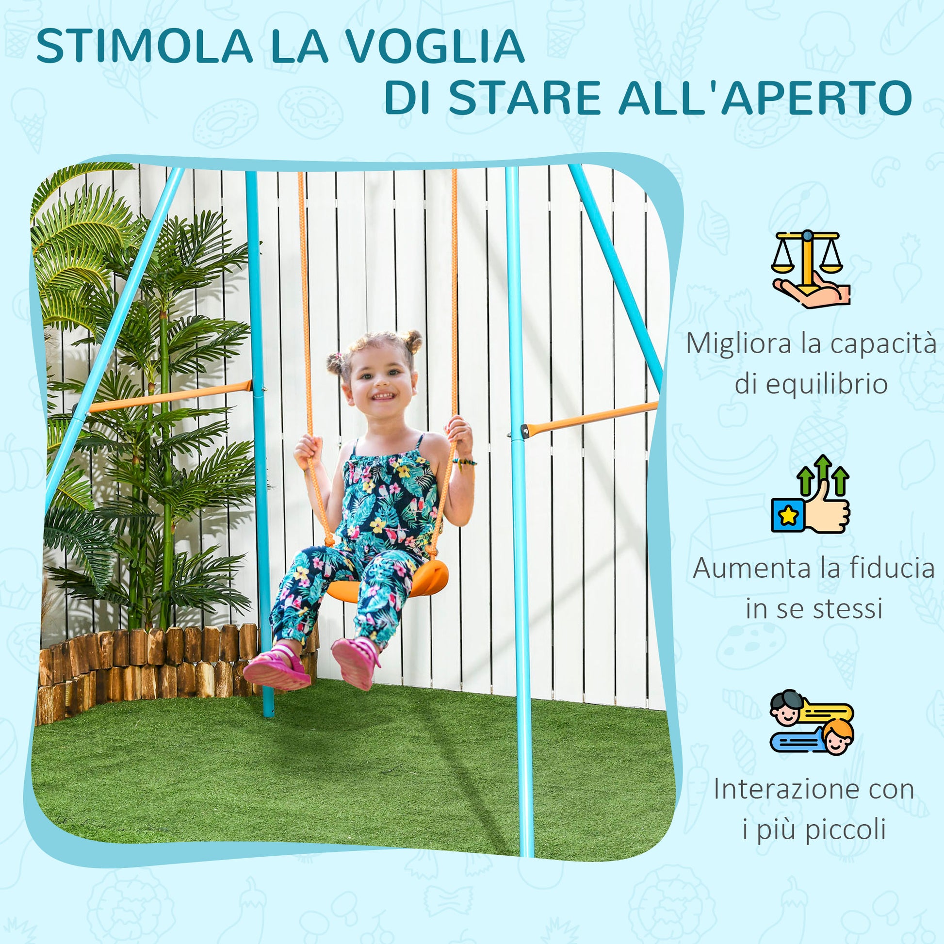 Children's Swing 3-8 Years Garden Swing in Steel and PE with Seat and Stakes, 163x145x181 cm, Blue and Orange