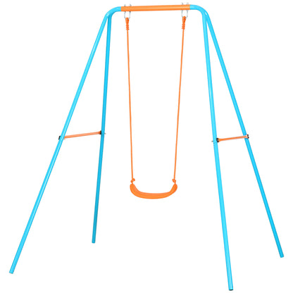 Children's Swing 3-8 Years Garden Swing in Steel and PE with Seat and Stakes, 163x145x181 cm, Blue and Orange