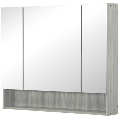 Mirror Cabinet with 4 Sections and Adjustable Shelves, Bathroom Mirror in Wood and Glass, 90x15x75 cm, Gray