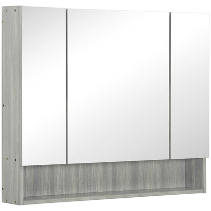 Mirror Cabinet with 4 Sections and Adjustable Shelves, Bathroom Mirror in Wood and Glass, 90x15x75 cm, Gray