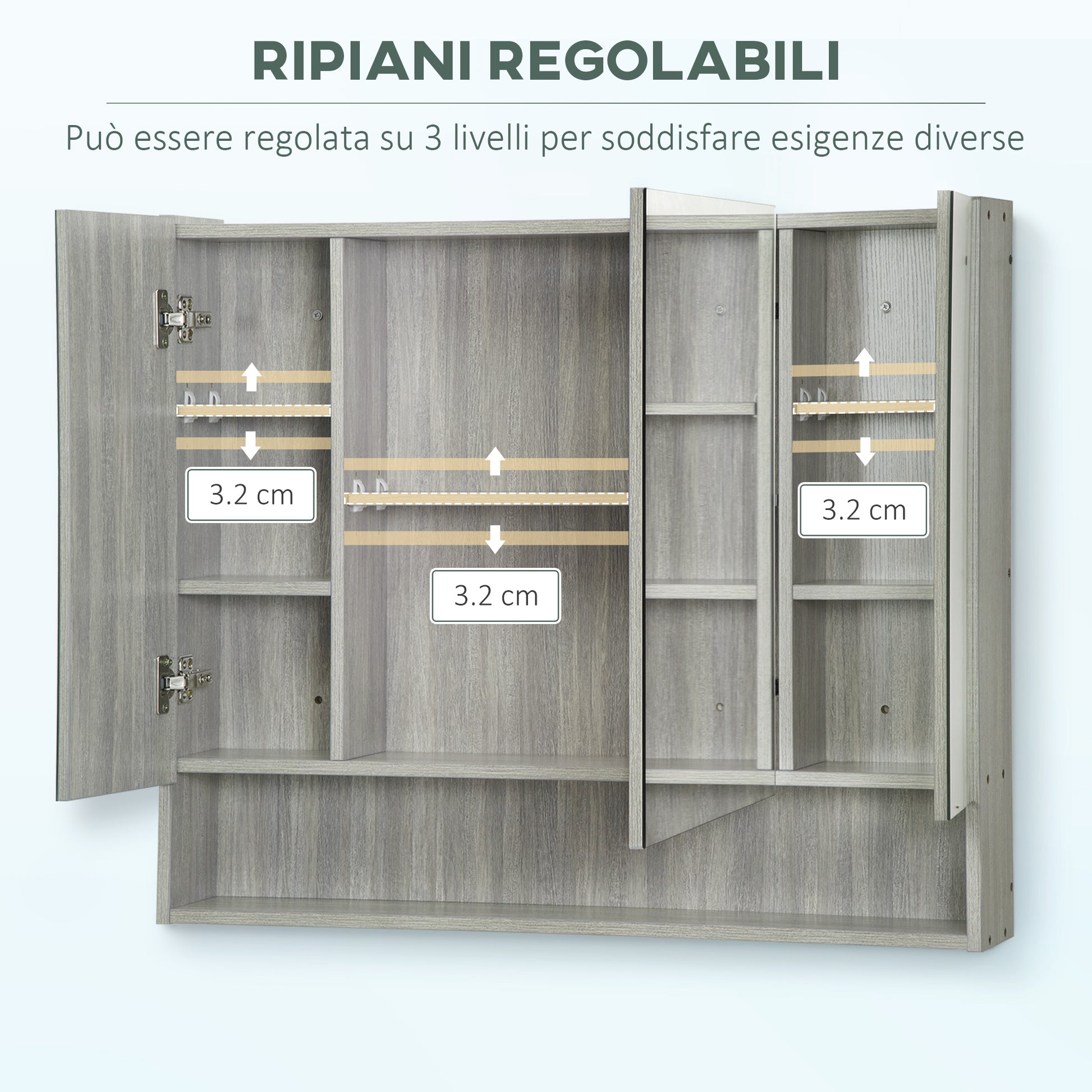 Mirror Cabinet with 4 Sections and Adjustable Shelves, Bathroom Mirror in Wood and Glass, 90x15x75 cm, Gray