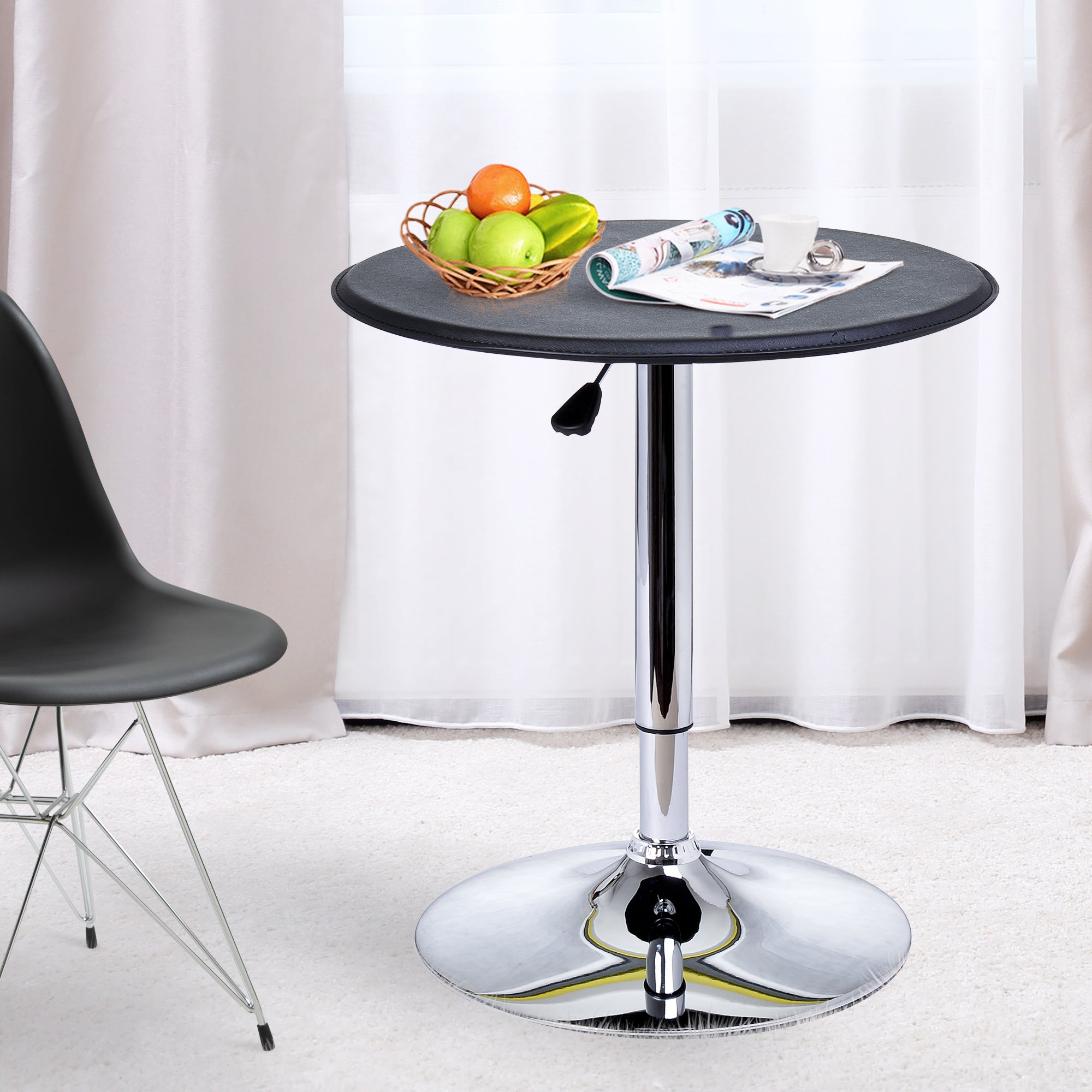 Bar Table Dining Table Bar Table, Kitchen Table for Living Room, Dining Room, Chrome Steel, Faux Leather, Black, Ø63 x 67-93 cm