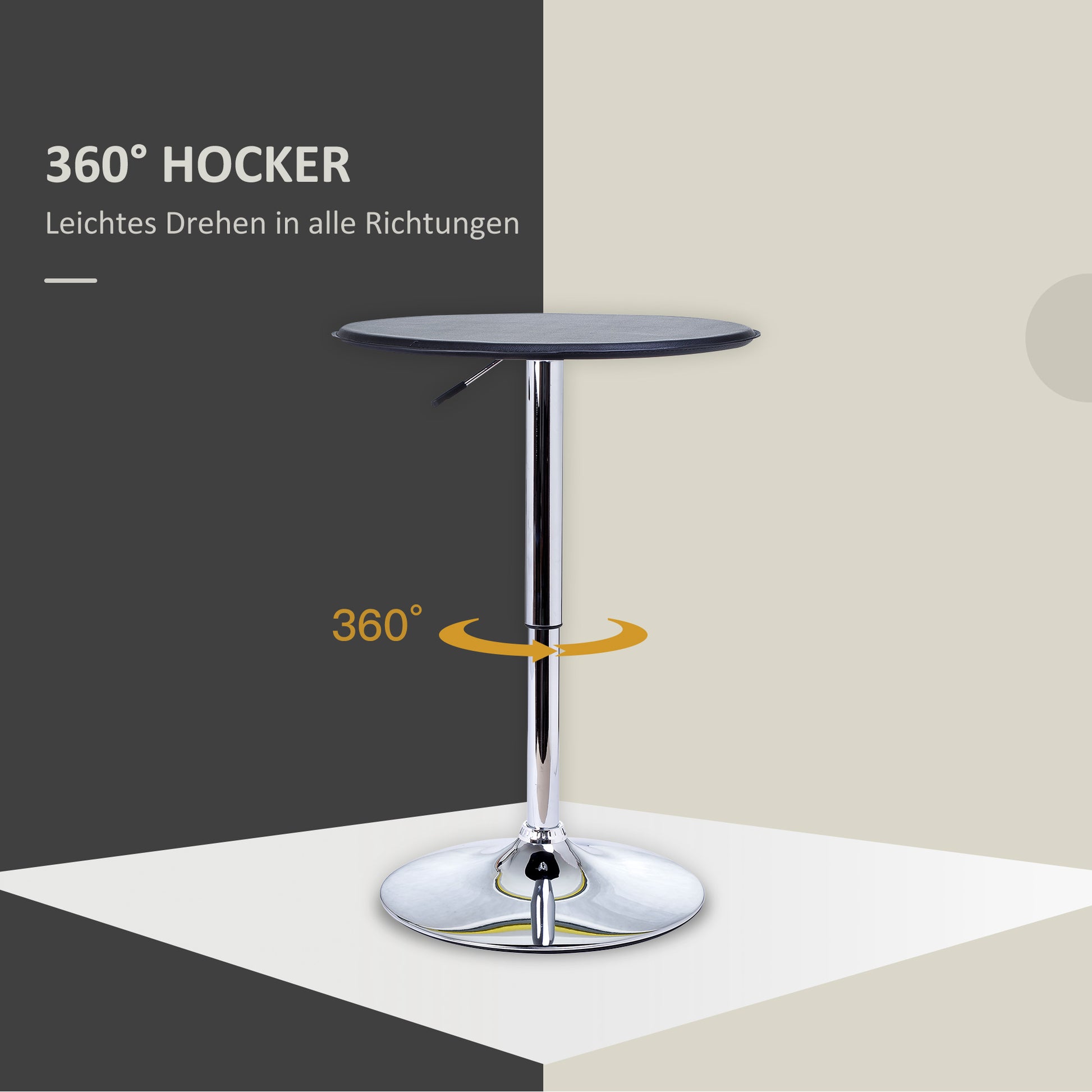 Bar Table Dining Table Bar Table, Kitchen Table for Living Room, Dining Room, Chrome Steel, Faux Leather, Black, Ø63 x 67-93 cm