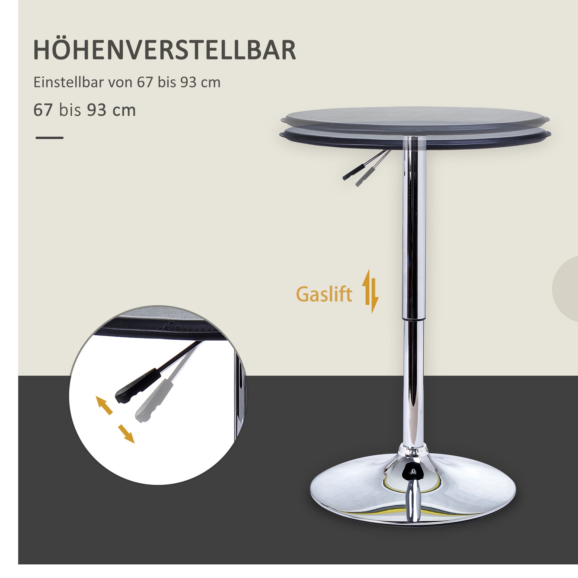 Bar Table Dining Table Bar Table, Kitchen Table for Living Room, Dining Room, Chrome Steel, Faux Leather, Black, Ø63 x 67-93 cm