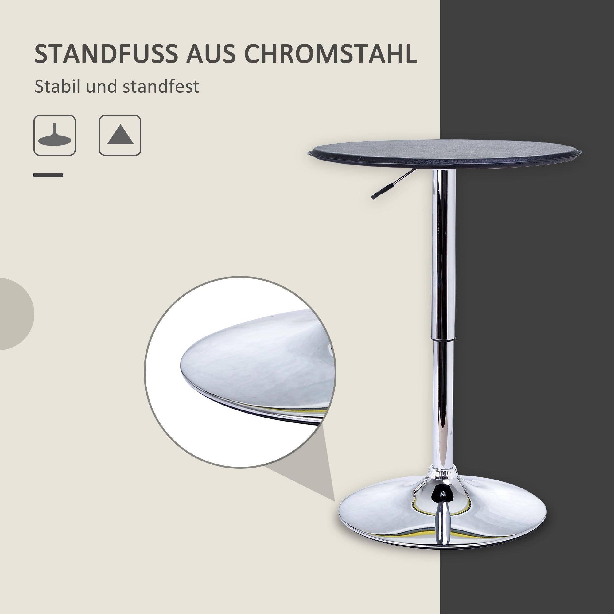 Bar Table Dining Table Bar Table, Kitchen Table for Living Room, Dining Room, Chrome Steel, Faux Leather, Black, Ø63 x 67-93 cm