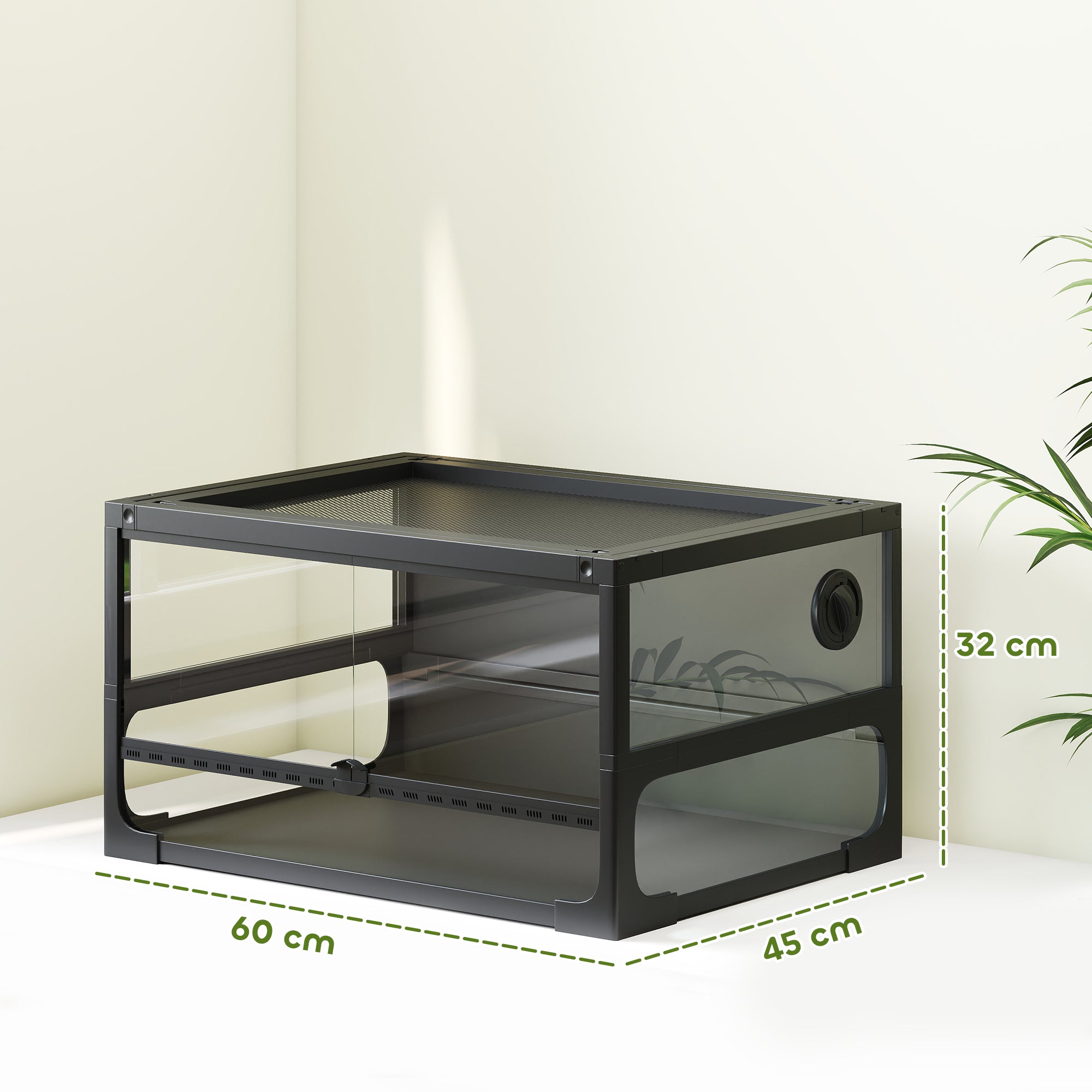 Raised Foldable Reptile Terrarium 24 x 18 x 13 in (60 x 45 x 32 cm) — Tempered Glass, Lockable Lid, Feeding Door, Mesh Ventilation, 360° View