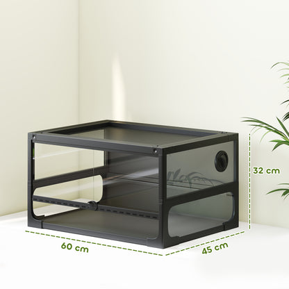 Raised Foldable Reptile Terrarium 24 x 18 x 13 in (60 x 45 x 32 cm) — Tempered Glass, Lockable Lid, Feeding Door, Mesh Ventilation, 360° View