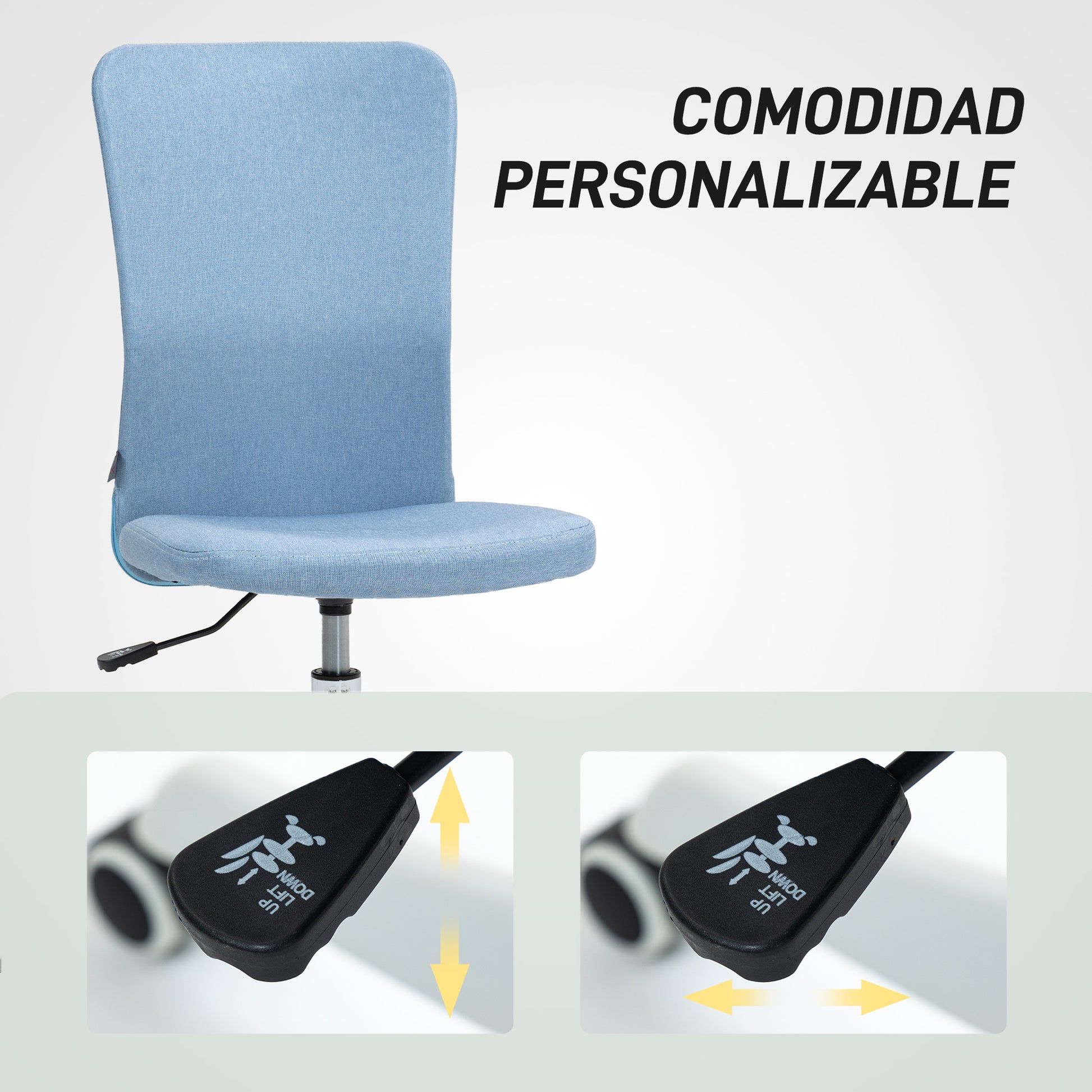 Armless Swivel Office Chair Upholstered in Synthetic Linen with Adjustable Height for Study Bedroom Dressing Table Load 120 kg Light Blue