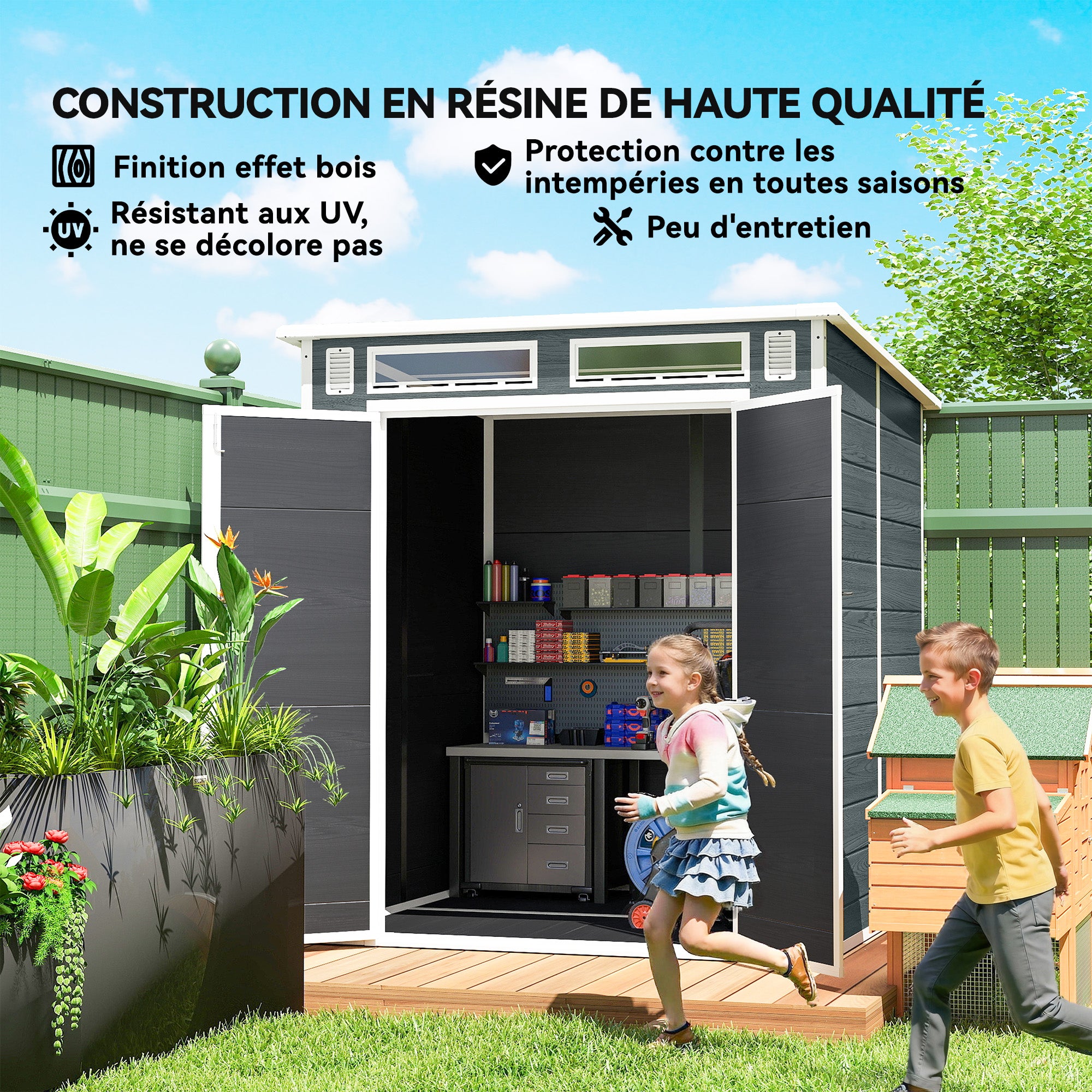 6 x 6 ft Wood-Effect Plastic Garden Shed with Floor, Three Windows, Lockable Doors & Vents, Gray
