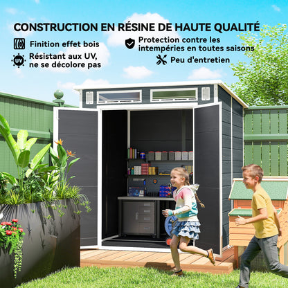 6 x 6 ft Wood-Effect Plastic Garden Shed with Floor, Three Windows, Lockable Doors & Vents, Gray