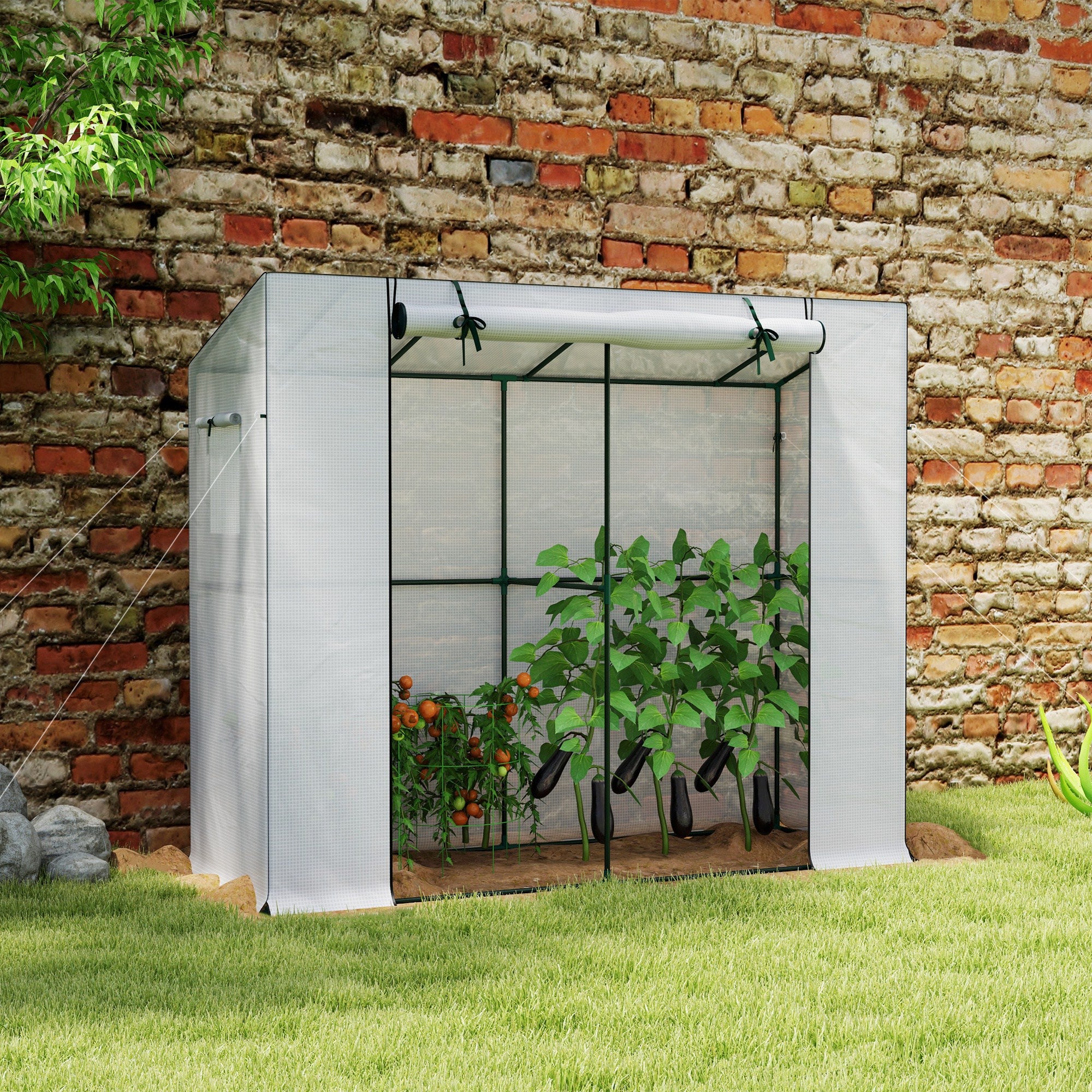 Greenhouse with Roll-Up Door 2 Windows, Winterproof Steel Frame Greenhouse, Cold Frame for Balcony, Garden, Tomato House with UV Protection 200x76x170cm Greenhouse for Vegetables Flowers, White