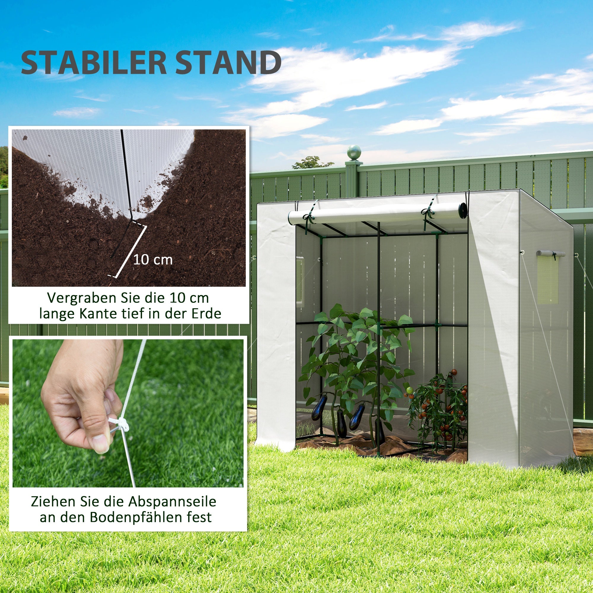 Greenhouse with Roll-Up Door 2 Windows, Winterproof Steel Frame Greenhouse, Cold Frame for Balcony, Garden, Tomato House with UV Protection 200x76x170cm Greenhouse for Vegetables Flowers, White