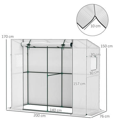 Greenhouse with Roll-Up Door 2 Windows, Winterproof Steel Frame Greenhouse, Cold Frame for Balcony, Garden, Tomato House with UV Protection 200x76x170cm Greenhouse for Vegetables Flowers, White