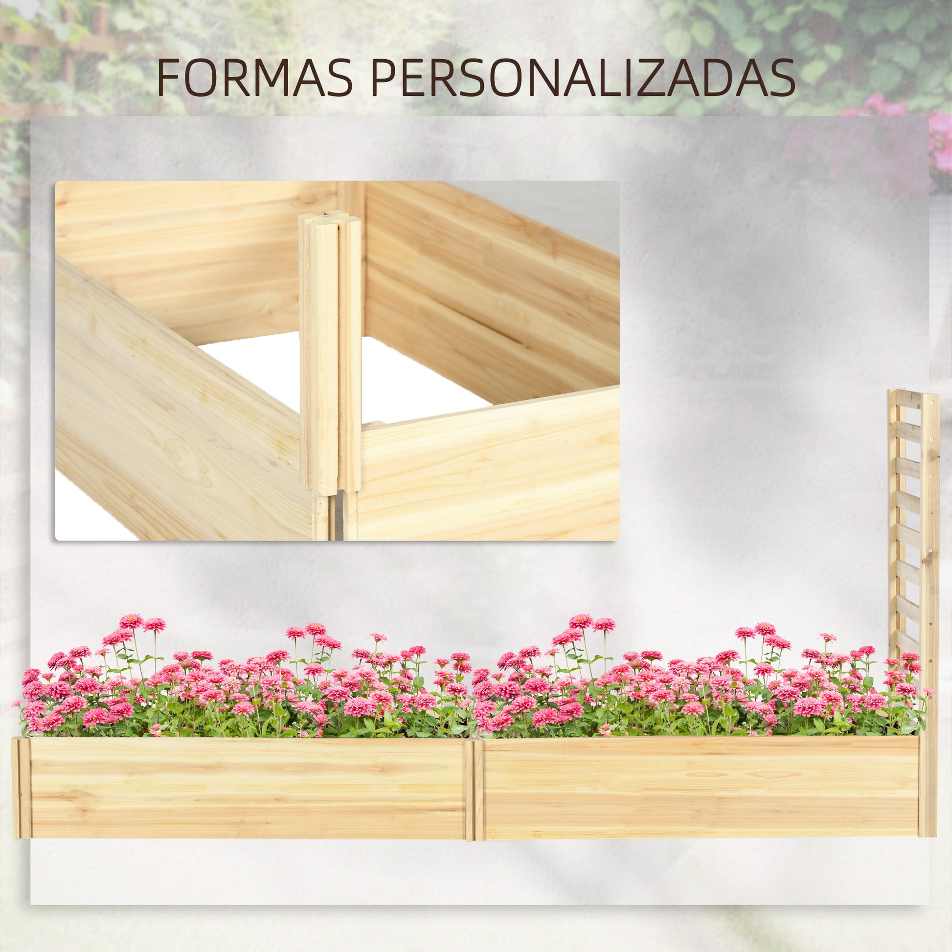 Large Outdoor Wooden Planter with Trellis for Climbing Plants and 2 Raised Planting Boxes for Patio Terrace Balcony 230x60x110 cm Natural