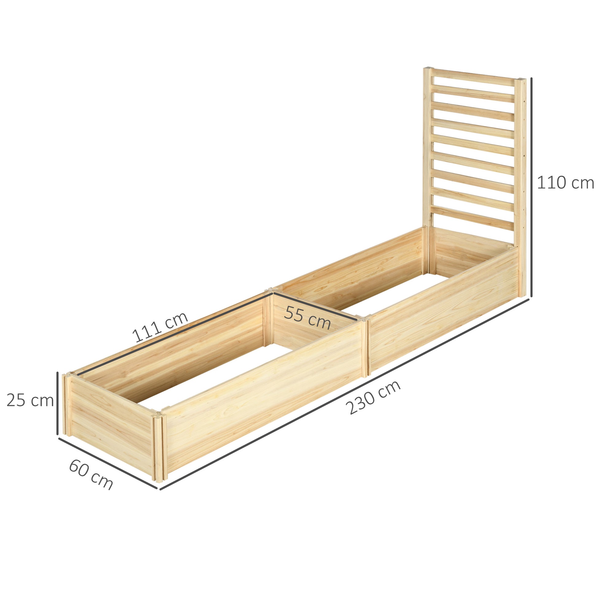 Large Outdoor Wooden Planter with Trellis for Climbing Plants and 2 Raised Planting Boxes for Patio Terrace Balcony 230x60x110 cm Natural