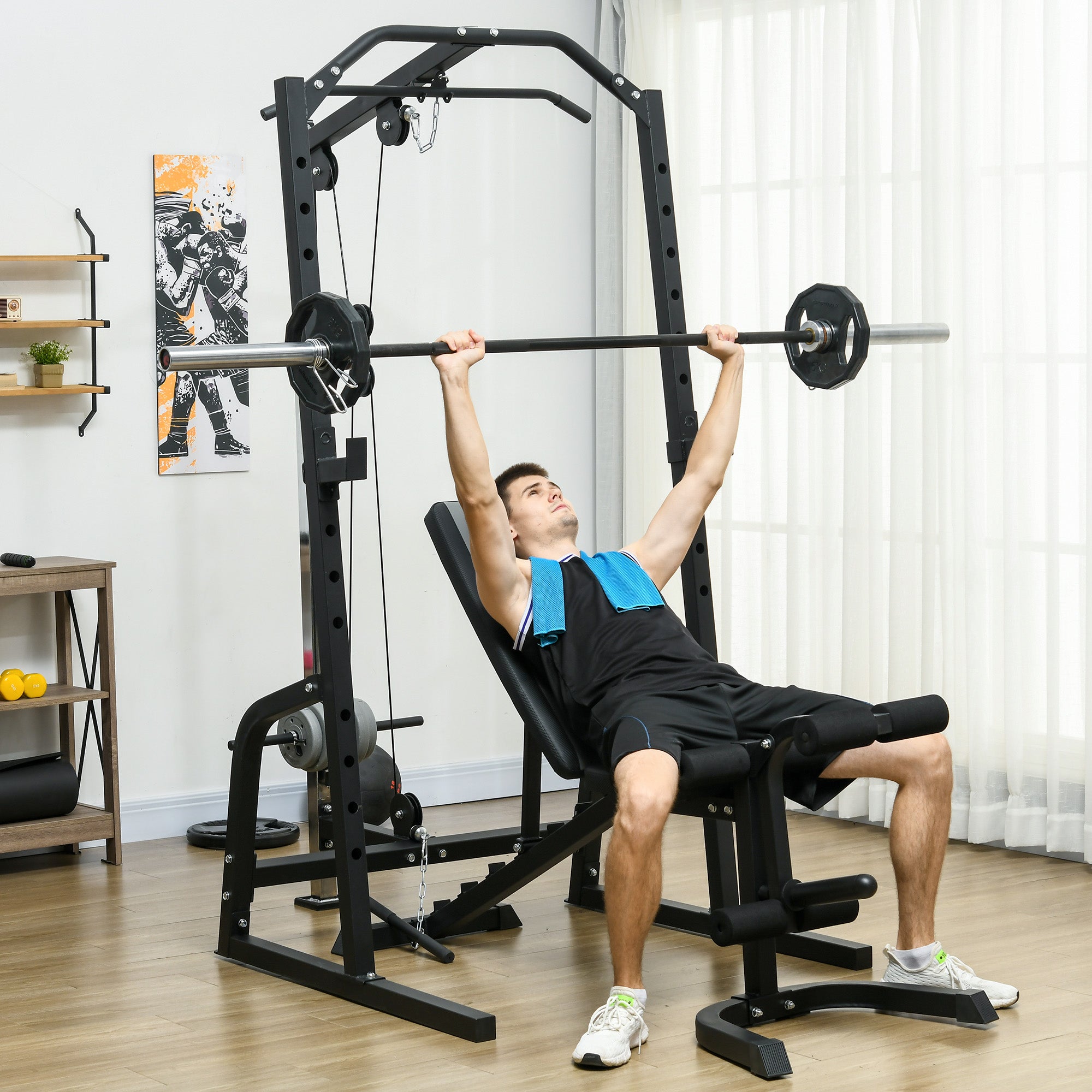 SPORTNOW Multifunctional Fitness Station with Ab Bench, Adjustable Power Tower with 15 Levels Barbell Rack for Home Workout, 152x105x212cm, Black