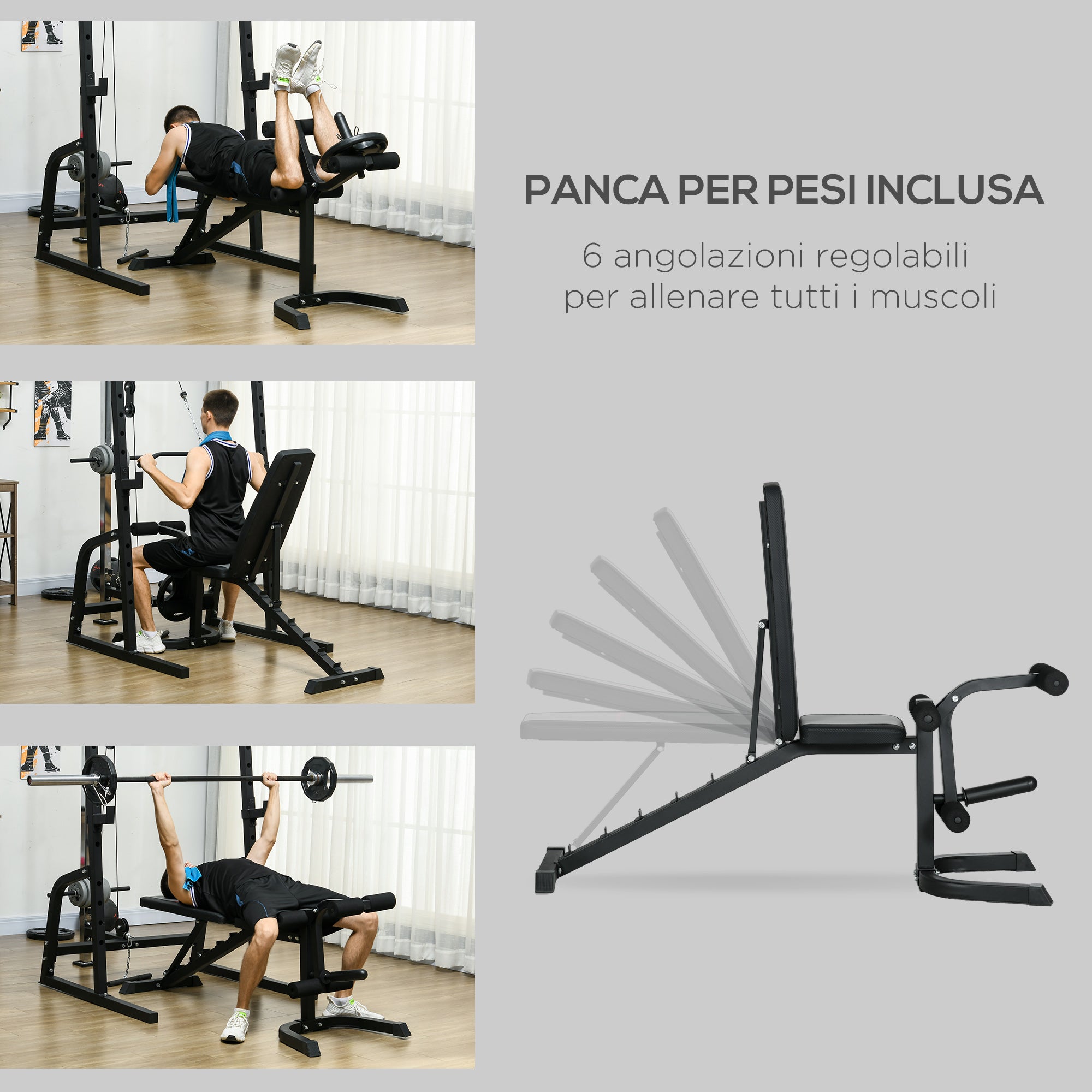 SPORTNOW Multifunctional Fitness Station with Ab Bench, Adjustable Power Tower with 15 Levels Barbell Rack for Home Workout, 152x105x212cm, Black