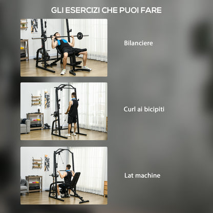 SPORTNOW Multifunctional Fitness Station with Ab Bench, Adjustable Power Tower with 15 Levels Barbell Rack for Home Workout, 152x105x212cm, Black