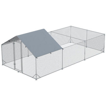 Garden Chicken Coop for 15-18 Chickens in Galvanized Steel and PE with Roof and Lock, 600x300x195 cm, Silver