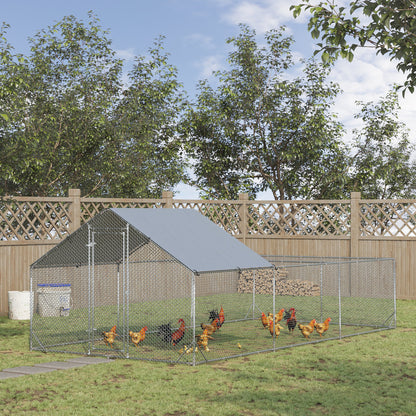 Garden Chicken Coop for 15-18 Chickens in Galvanized Steel and PE with Roof and Lock, 600x300x195 cm, Silver