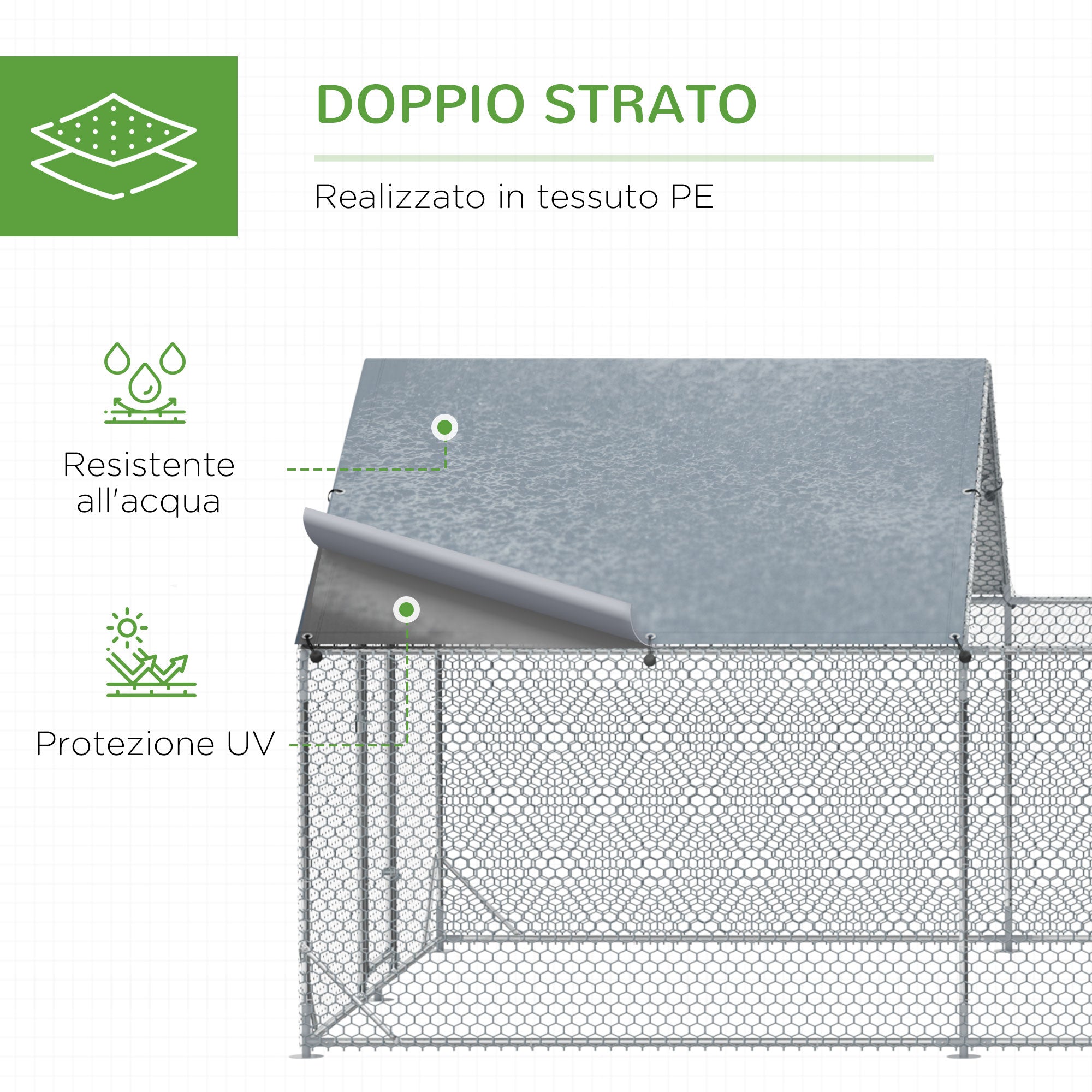 Garden Chicken Coop for 15-18 Chickens in Galvanized Steel and PE with Roof and Lock, 600x300x195 cm, Silver