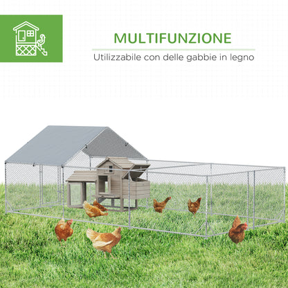 Garden Chicken Coop for 15-18 Chickens in Galvanized Steel and PE with Roof and Lock, 600x300x195 cm, Silver