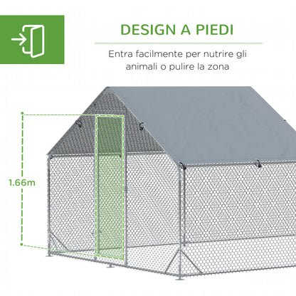 Garden Chicken Coop for 15-18 Chickens in Galvanized Steel and PE with Roof and Lock, 600x300x195 cm, Silver