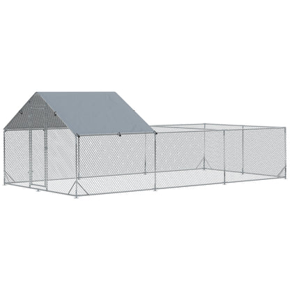 Garden Chicken Coop for 15-18 Chickens in Galvanized Steel and PE with Roof and Lock, 600x300x195 cm, Silver