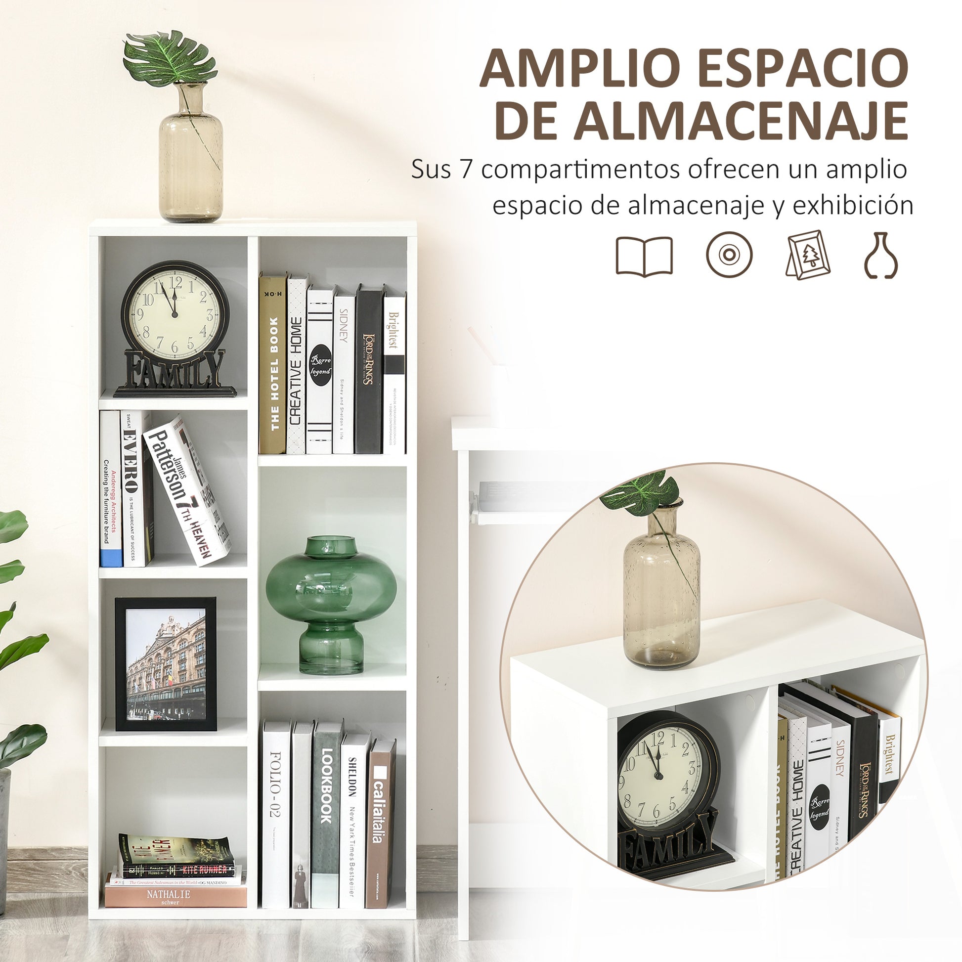 Bookshelf Wooden Bookcase with 7 Storage Compartments Plants Files for Living Room Bedroom Office 50x24x106 cm White