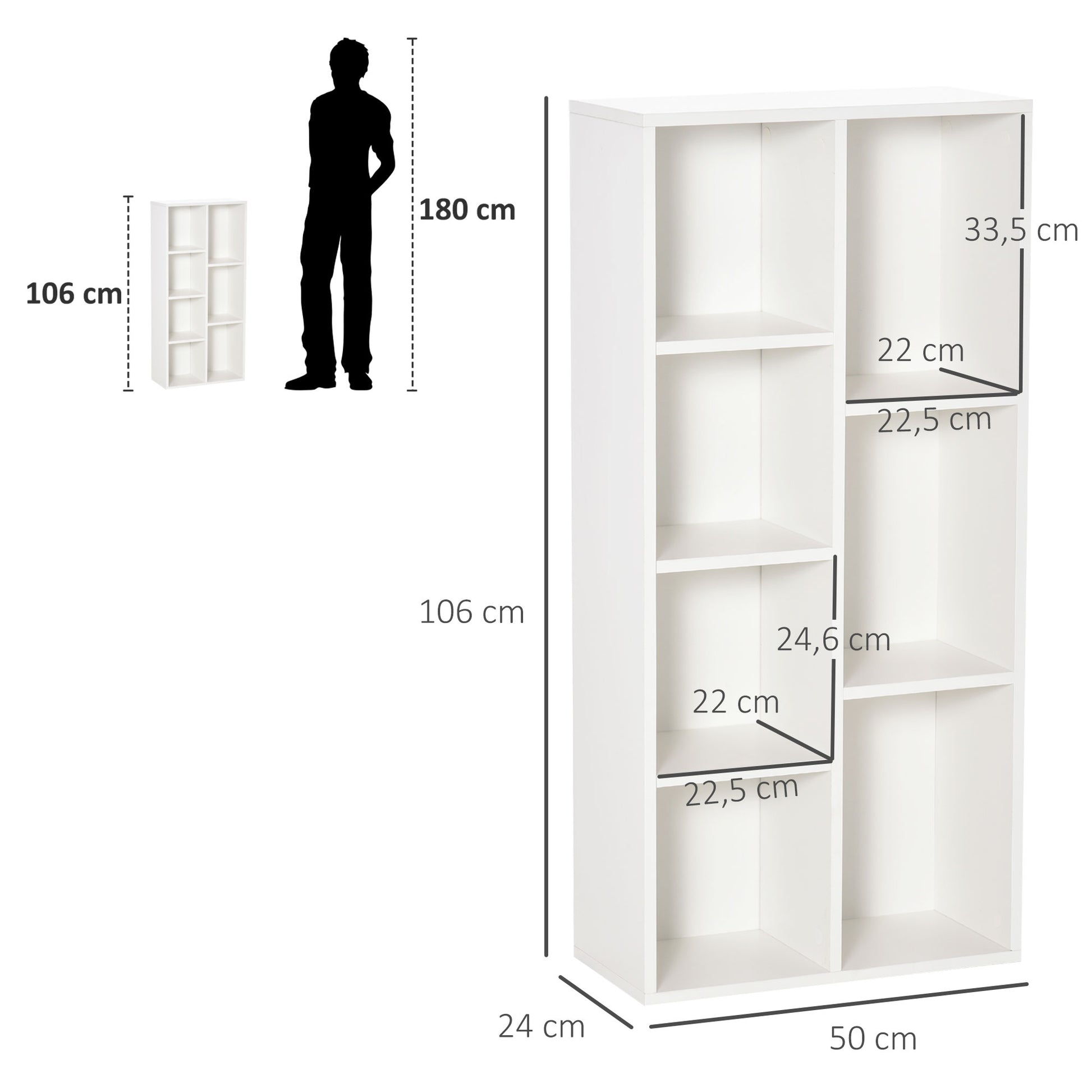 Bookshelf Wooden Bookcase with 7 Storage Compartments Plants Files for Living Room Bedroom Office 50x24x106 cm White