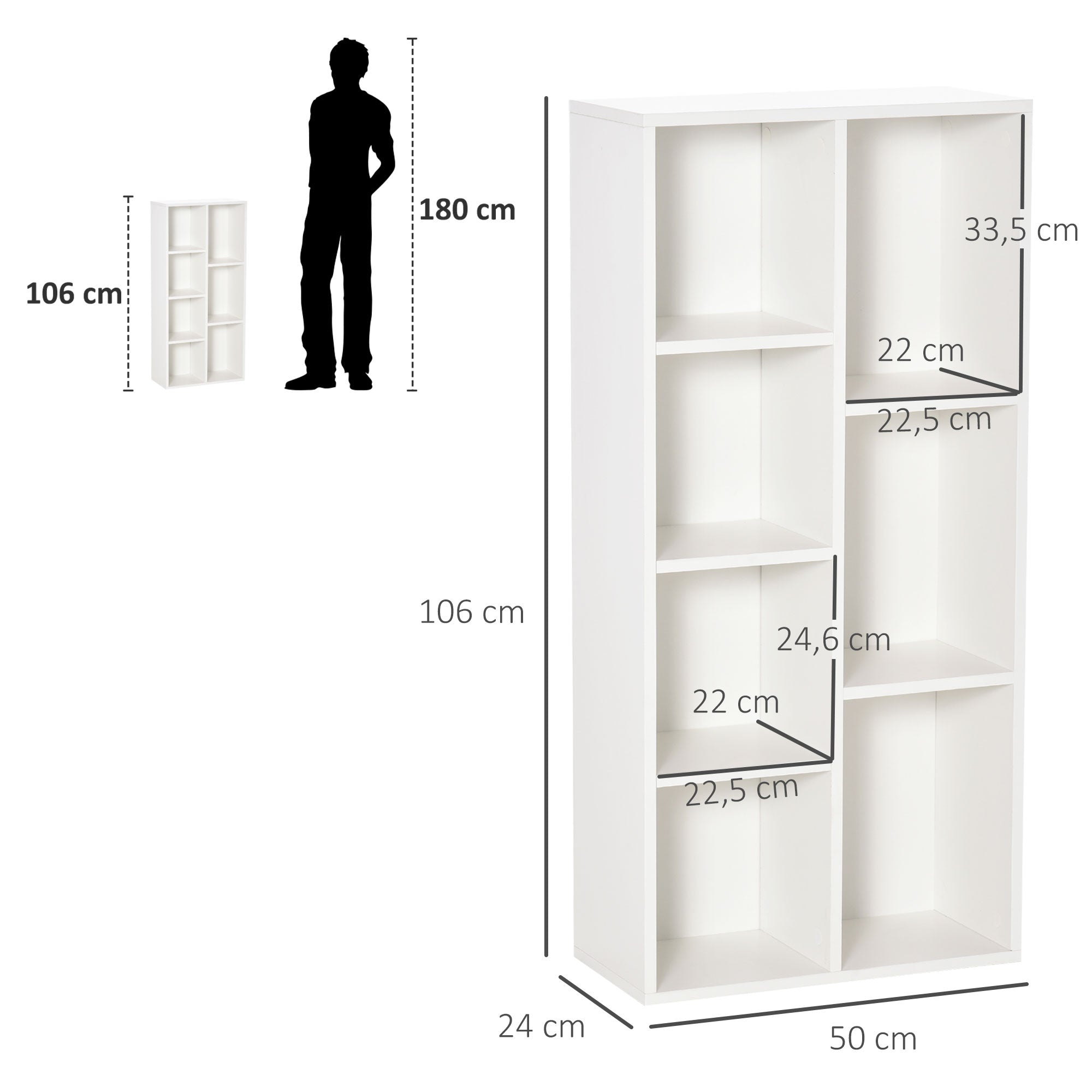 Bookshelf Wooden Bookcase with 7 Storage Compartments Plants Files for Living Room Bedroom Office 50x24x106 cm White
