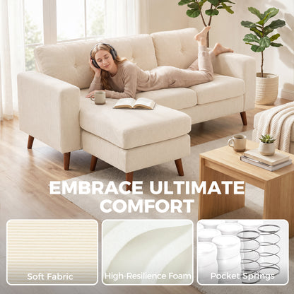 3-Seater L-Shape Corner Sofa with Reversible Chaise, Cord-Look Upholstery — Cream White (76" x 54" x 33")
